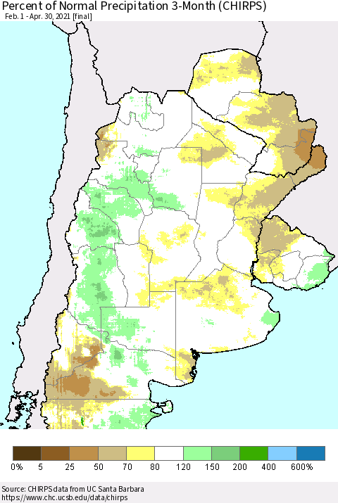 Southern South America Percent of Normal Precipitation 3-Month (CHIRPS) Thematic Map For 2/1/2021 - 4/30/2021