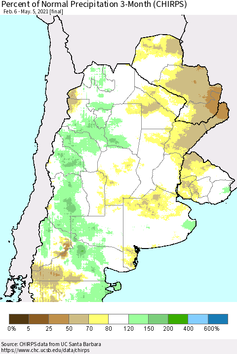 Southern South America Percent of Normal Precipitation 3-Month (CHIRPS) Thematic Map For 2/6/2021 - 5/5/2021