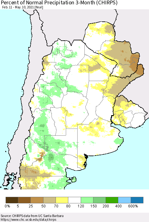 Southern South America Percent of Normal Precipitation 3-Month (CHIRPS) Thematic Map For 2/11/2021 - 5/10/2021