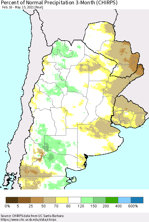 Southern South America Percent of Normal Precipitation 3-Month (CHIRPS) Thematic Map For 2/16/2021 - 5/15/2021