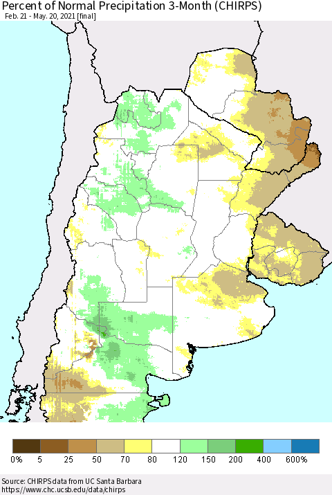Southern South America Percent of Normal Precipitation 3-Month (CHIRPS) Thematic Map For 2/21/2021 - 5/20/2021