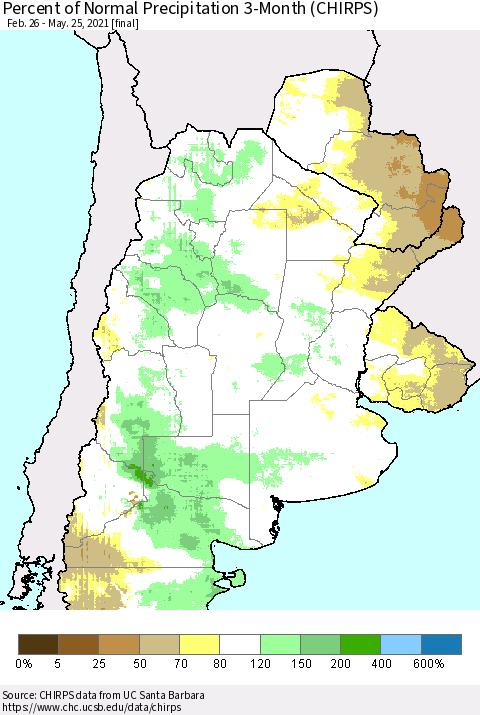 Southern South America Percent of Normal Precipitation 3-Month (CHIRPS) Thematic Map For 2/26/2021 - 5/25/2021