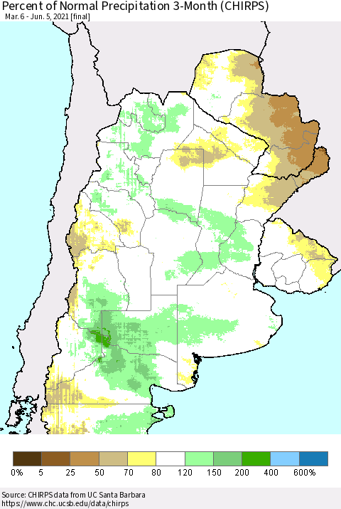 Southern South America Percent of Normal Precipitation 3-Month (CHIRPS) Thematic Map For 3/6/2021 - 6/5/2021