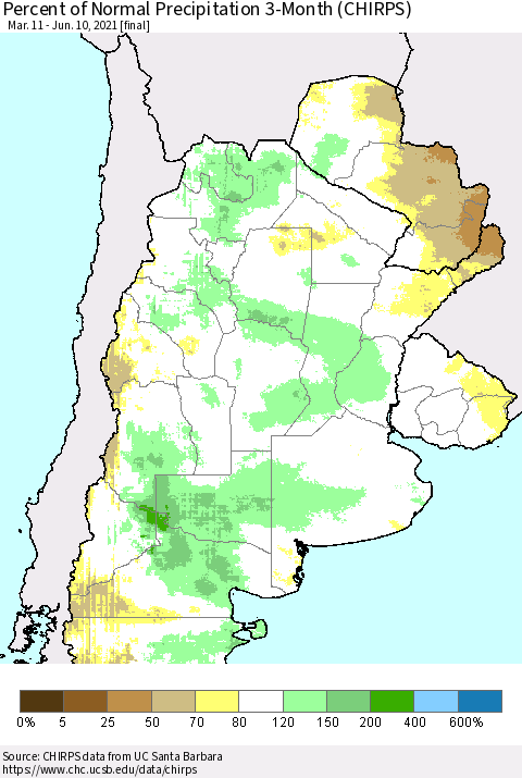 Southern South America Percent of Normal Precipitation 3-Month (CHIRPS) Thematic Map For 3/11/2021 - 6/10/2021