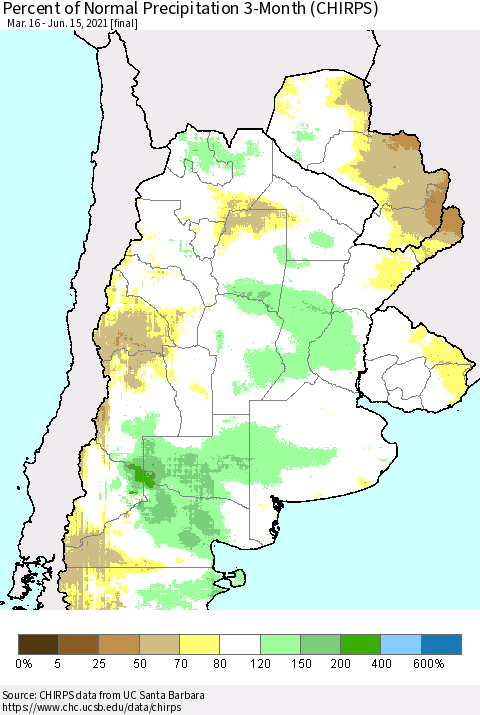 Southern South America Percent of Normal Precipitation 3-Month (CHIRPS) Thematic Map For 3/16/2021 - 6/15/2021