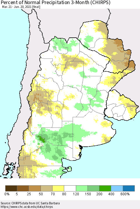 Southern South America Percent of Normal Precipitation 3-Month (CHIRPS) Thematic Map For 3/21/2021 - 6/20/2021