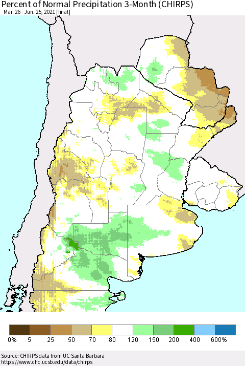 Southern South America Percent of Normal Precipitation 3-Month (CHIRPS) Thematic Map For 3/26/2021 - 6/25/2021