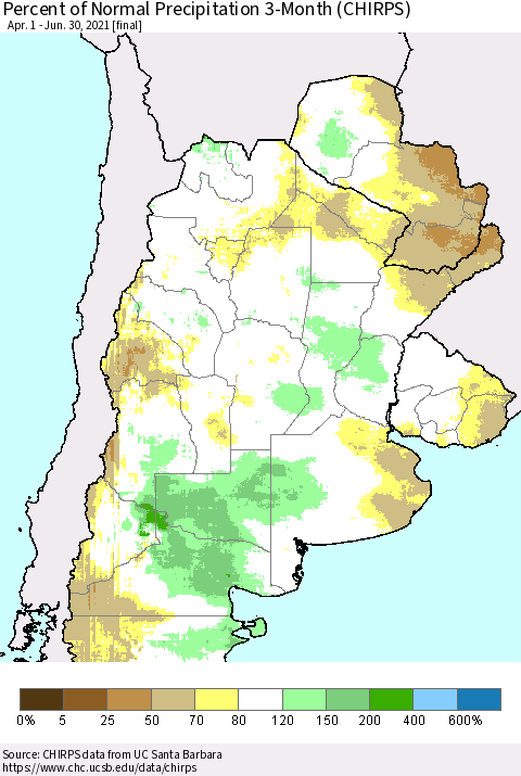 Southern South America Percent of Normal Precipitation 3-Month (CHIRPS) Thematic Map For 4/1/2021 - 6/30/2021