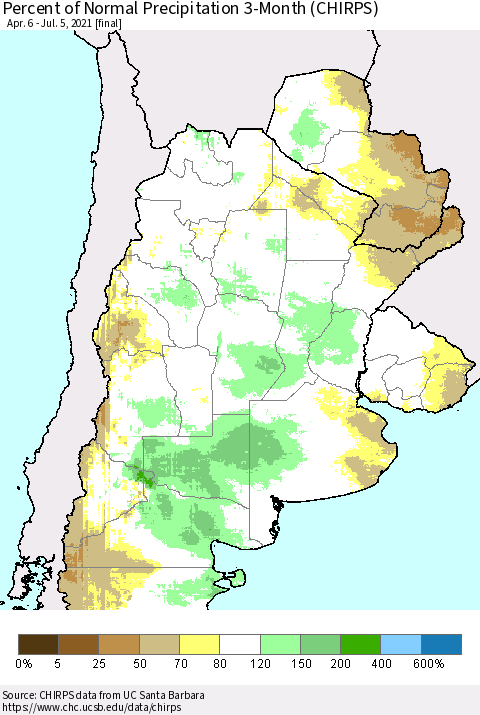 Southern South America Percent of Normal Precipitation 3-Month (CHIRPS) Thematic Map For 4/6/2021 - 7/5/2021