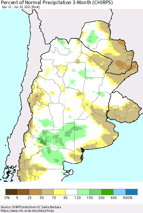 Southern South America Percent of Normal Precipitation 3-Month (CHIRPS) Thematic Map For 4/11/2021 - 7/10/2021