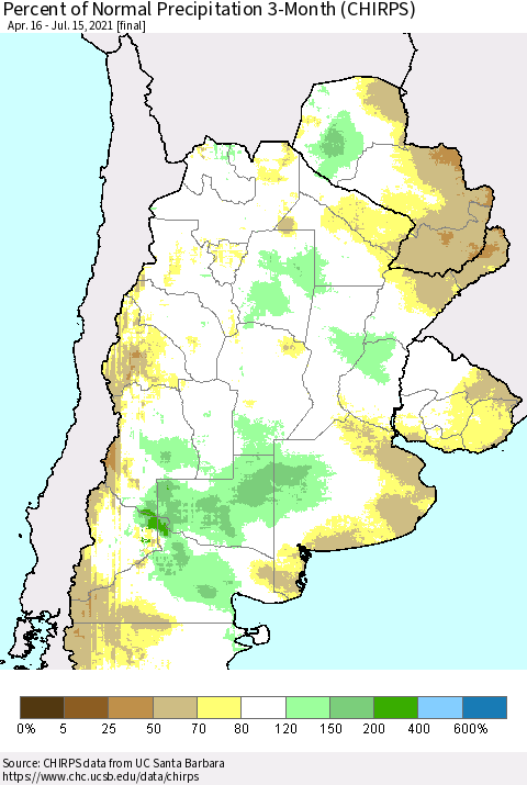 Southern South America Percent of Normal Precipitation 3-Month (CHIRPS) Thematic Map For 4/16/2021 - 7/15/2021