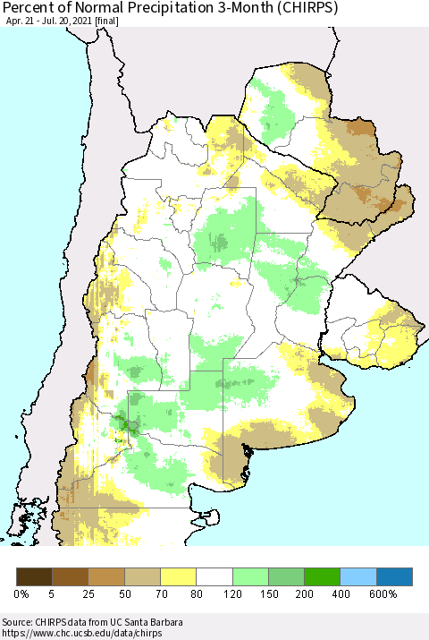 Southern South America Percent of Normal Precipitation 3-Month (CHIRPS) Thematic Map For 4/21/2021 - 7/20/2021
