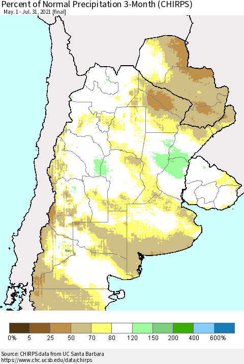 Southern South America Percent of Normal Precipitation 3-Month (CHIRPS) Thematic Map For 5/1/2021 - 7/31/2021
