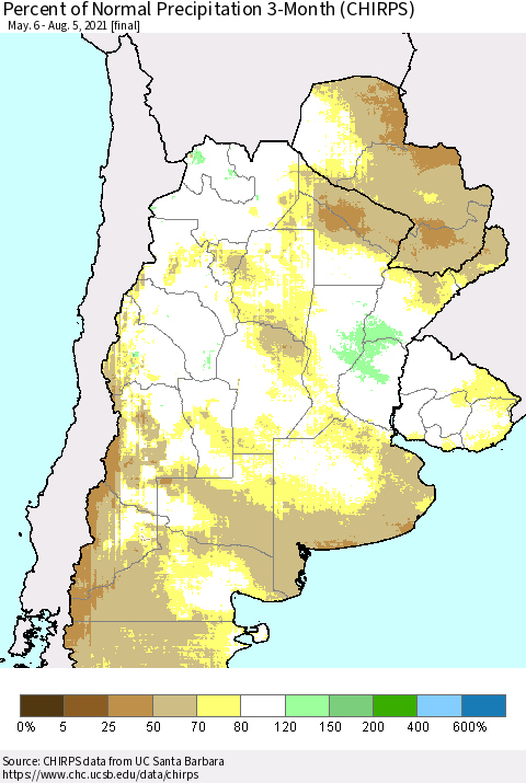 Southern South America Percent of Normal Precipitation 3-Month (CHIRPS) Thematic Map For 5/6/2021 - 8/5/2021