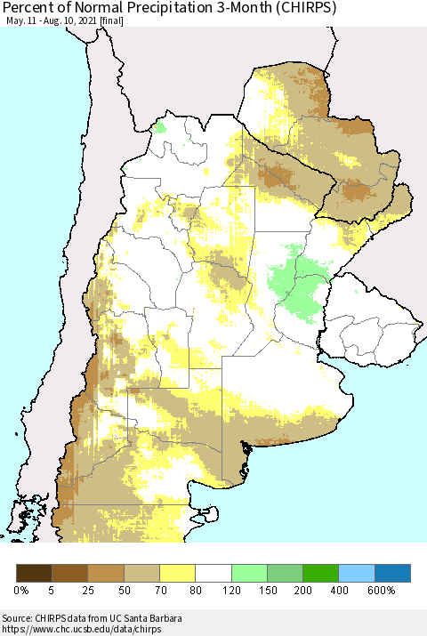 Southern South America Percent of Normal Precipitation 3-Month (CHIRPS) Thematic Map For 5/11/2021 - 8/10/2021