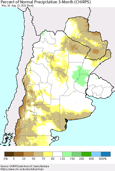 Southern South America Percent of Normal Precipitation 3-Month (CHIRPS) Thematic Map For 5/16/2021 - 8/15/2021