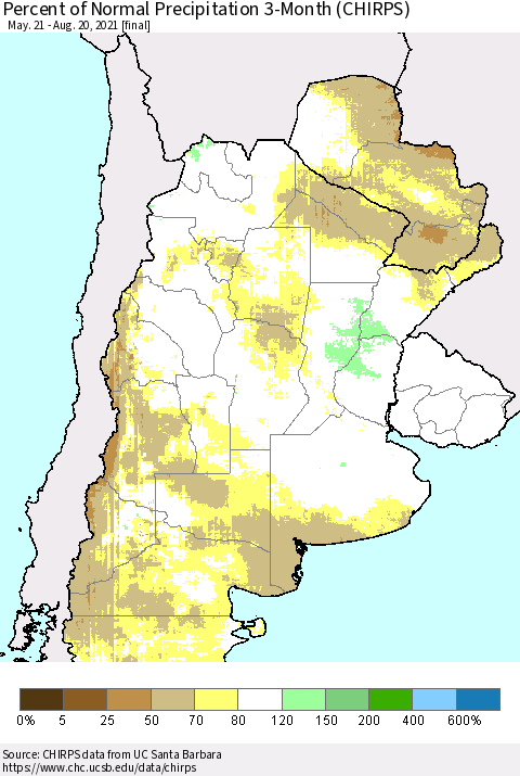 Southern South America Percent of Normal Precipitation 3-Month (CHIRPS) Thematic Map For 5/21/2021 - 8/20/2021