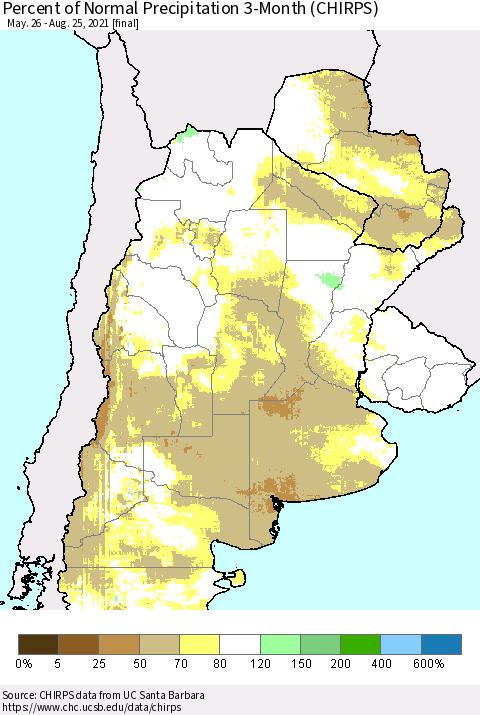 Southern South America Percent of Normal Precipitation 3-Month (CHIRPS) Thematic Map For 5/26/2021 - 8/25/2021