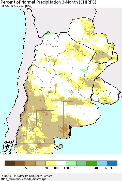 Southern South America Percent of Normal Precipitation 3-Month (CHIRPS) Thematic Map For 6/6/2021 - 9/5/2021