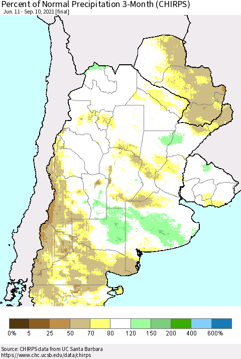 Southern South America Percent of Normal Precipitation 3-Month (CHIRPS) Thematic Map For 6/11/2021 - 9/10/2021