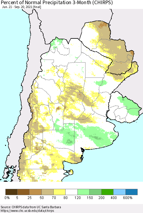 Southern South America Percent of Normal Precipitation 3-Month (CHIRPS) Thematic Map For 6/21/2021 - 9/20/2021