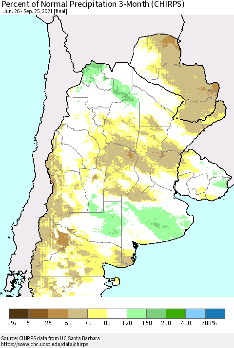 Southern South America Percent of Normal Precipitation 3-Month (CHIRPS) Thematic Map For 6/26/2021 - 9/25/2021