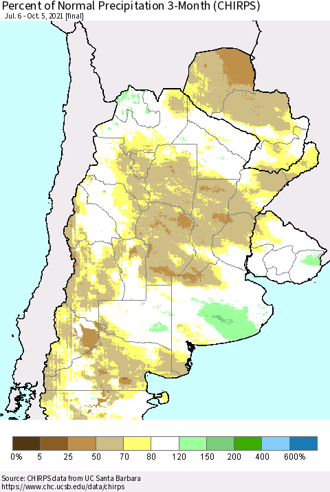 Southern South America Percent of Normal Precipitation 3-Month (CHIRPS) Thematic Map For 7/6/2021 - 10/5/2021