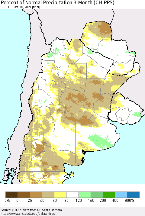 Southern South America Percent of Normal Precipitation 3-Month (CHIRPS) Thematic Map For 7/11/2021 - 10/10/2021