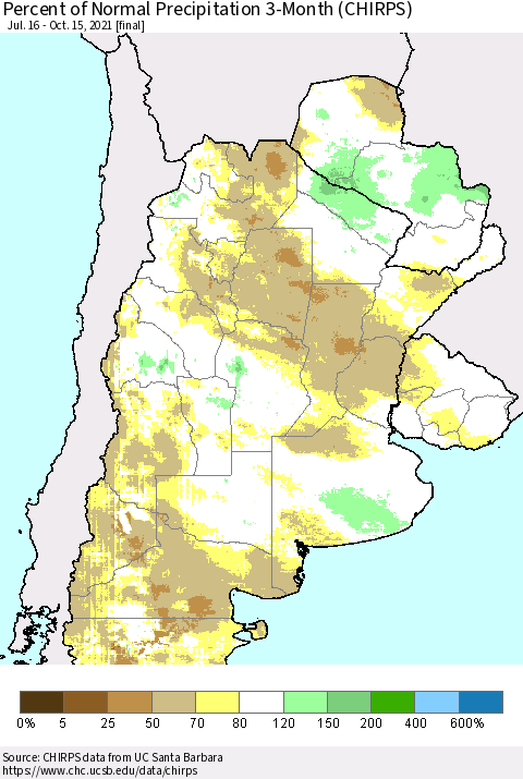 Southern South America Percent of Normal Precipitation 3-Month (CHIRPS) Thematic Map For 7/16/2021 - 10/15/2021
