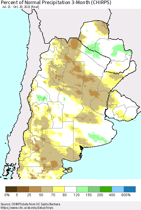 Southern South America Percent of Normal Precipitation 3-Month (CHIRPS) Thematic Map For 7/21/2021 - 10/20/2021