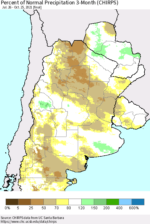 Southern South America Percent of Normal Precipitation 3-Month (CHIRPS) Thematic Map For 7/26/2021 - 10/25/2021