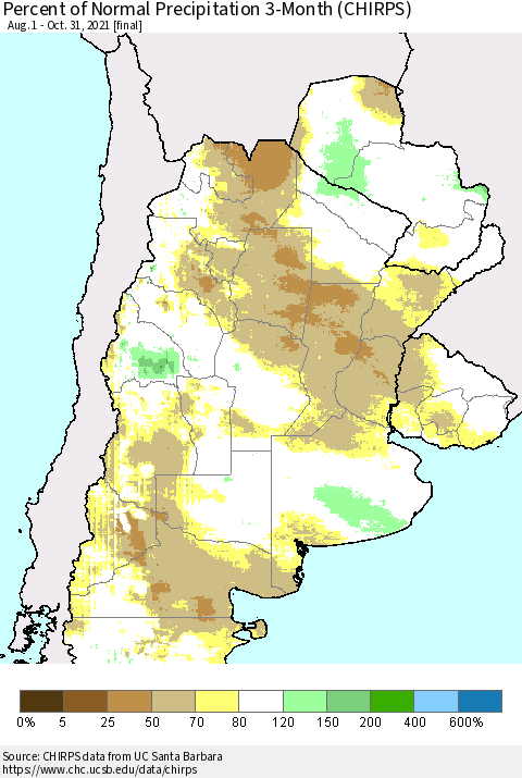 Southern South America Percent of Normal Precipitation 3-Month (CHIRPS) Thematic Map For 8/1/2021 - 10/31/2021