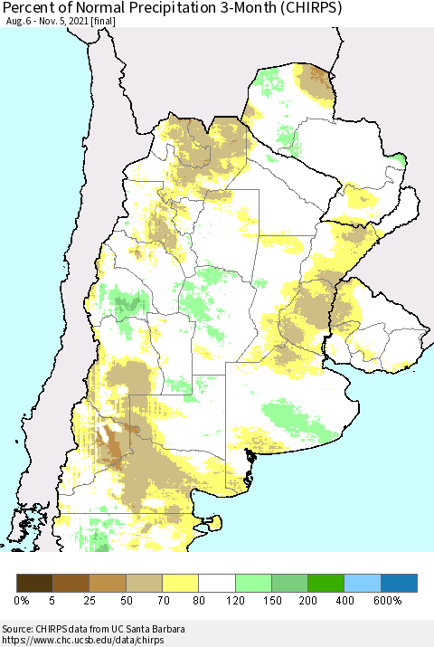 Southern South America Percent of Normal Precipitation 3-Month (CHIRPS) Thematic Map For 8/6/2021 - 11/5/2021