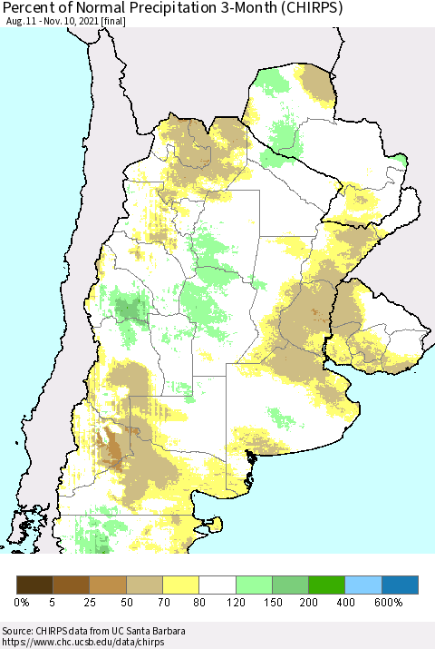 Southern South America Percent of Normal Precipitation 3-Month (CHIRPS) Thematic Map For 8/11/2021 - 11/10/2021