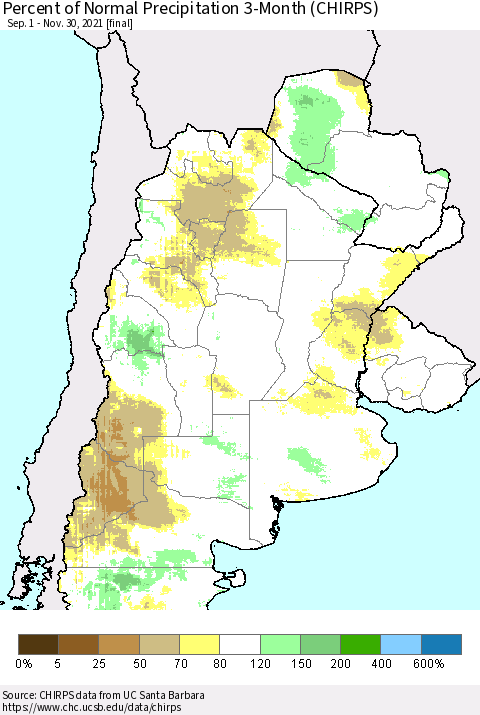 Southern South America Percent of Normal Precipitation 3-Month (CHIRPS) Thematic Map For 9/1/2021 - 11/30/2021