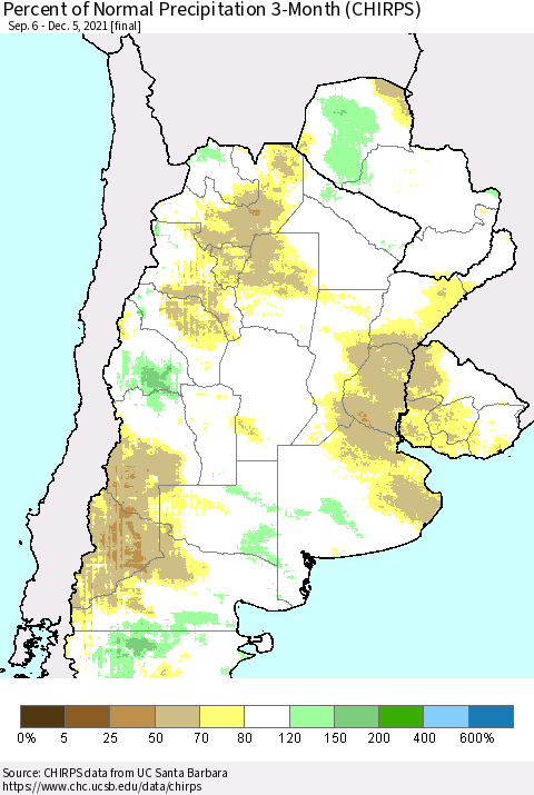 Southern South America Percent of Normal Precipitation 3-Month (CHIRPS) Thematic Map For 9/6/2021 - 12/5/2021