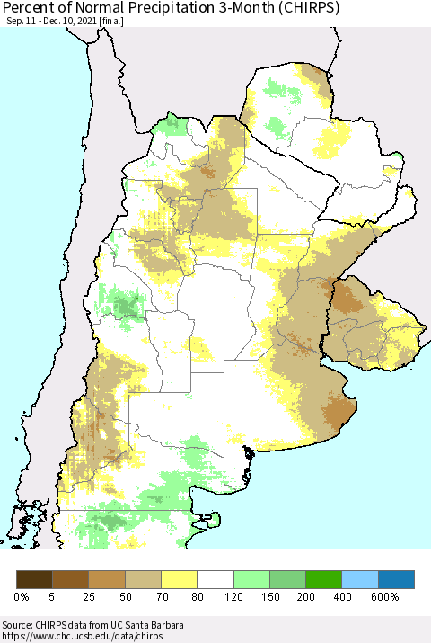 Southern South America Percent of Normal Precipitation 3-Month (CHIRPS) Thematic Map For 9/11/2021 - 12/10/2021