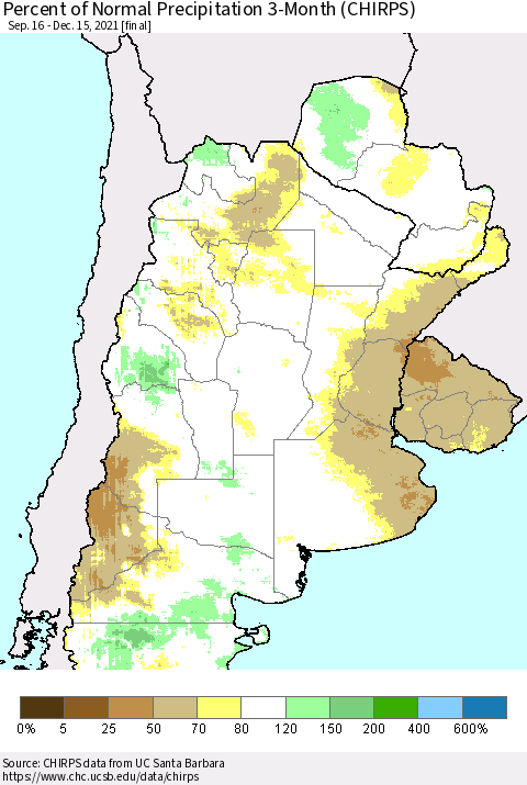Southern South America Percent of Normal Precipitation 3-Month (CHIRPS) Thematic Map For 9/16/2021 - 12/15/2021