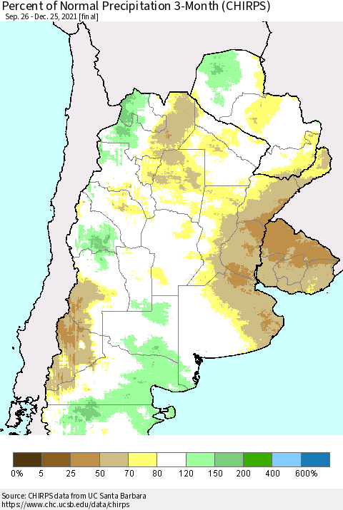 Southern South America Percent of Normal Precipitation 3-Month (CHIRPS) Thematic Map For 9/26/2021 - 12/25/2021
