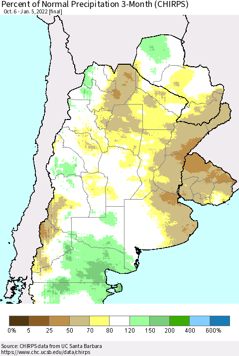 Southern South America Percent of Normal Precipitation 3-Month (CHIRPS) Thematic Map For 10/6/2021 - 1/5/2022