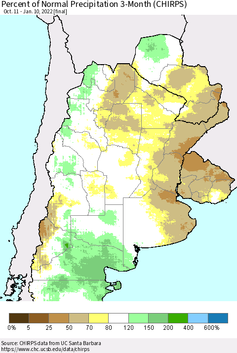 Southern South America Percent of Normal Precipitation 3-Month (CHIRPS) Thematic Map For 10/11/2021 - 1/10/2022