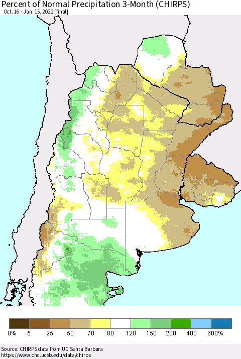 Southern South America Percent of Normal Precipitation 3-Month (CHIRPS) Thematic Map For 10/16/2021 - 1/15/2022