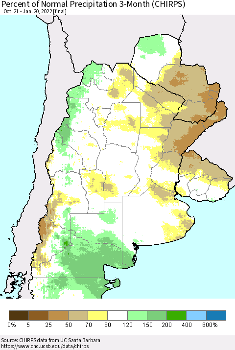 Southern South America Percent of Normal Precipitation 3-Month (CHIRPS) Thematic Map For 10/21/2021 - 1/20/2022