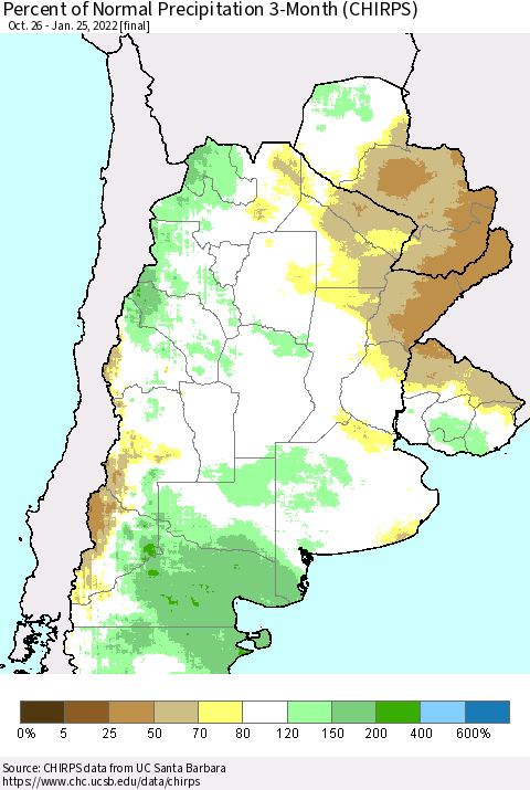 Southern South America Percent of Normal Precipitation 3-Month (CHIRPS) Thematic Map For 10/26/2021 - 1/25/2022