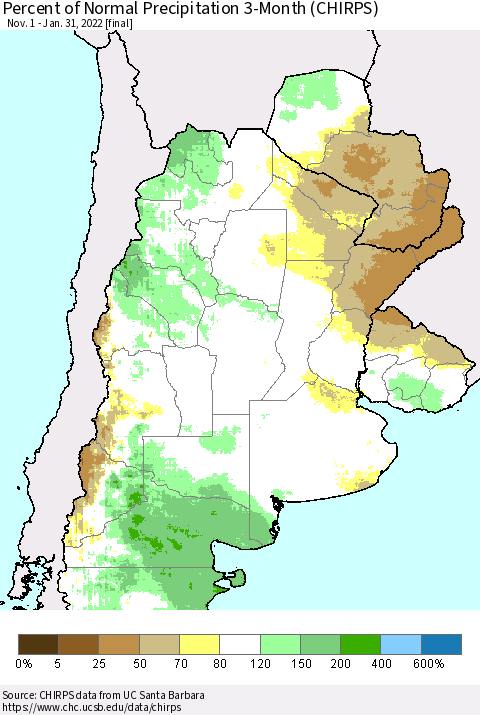 Southern South America Percent of Normal Precipitation 3-Month (CHIRPS) Thematic Map For 11/1/2021 - 1/31/2022