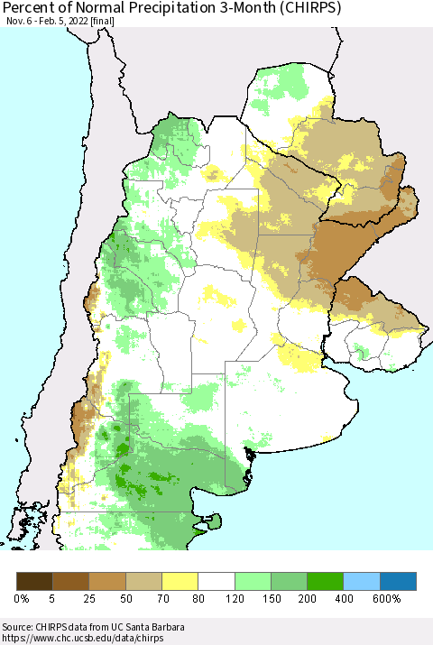Southern South America Percent of Normal Precipitation 3-Month (CHIRPS) Thematic Map For 11/6/2021 - 2/5/2022