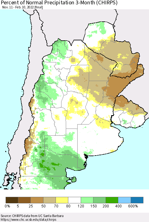 Southern South America Percent of Normal Precipitation 3-Month (CHIRPS) Thematic Map For 11/11/2021 - 2/10/2022