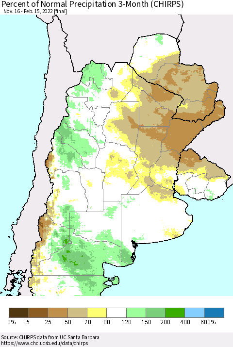 Southern South America Percent of Normal Precipitation 3-Month (CHIRPS) Thematic Map For 11/16/2021 - 2/15/2022