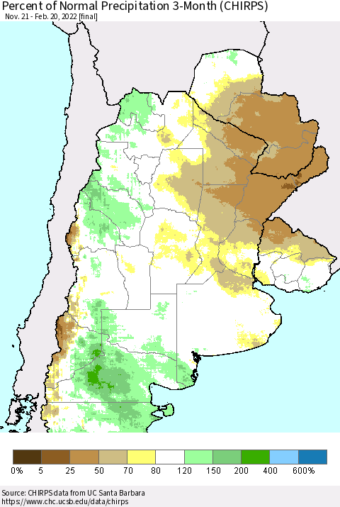 Southern South America Percent of Normal Precipitation 3-Month (CHIRPS) Thematic Map For 11/21/2021 - 2/20/2022