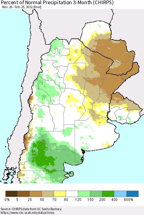 Southern South America Percent of Normal Precipitation 3-Month (CHIRPS) Thematic Map For 11/26/2021 - 2/25/2022